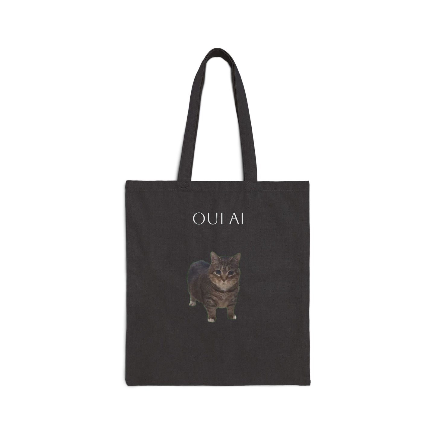 Cute Cat Graphic Cotton Canvas Tote Bag - 'OUAI AI' Design